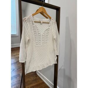 Chicos White Crochet Knit V Neck 3/4 Sleeve Pullover Sweater Top Size Small Boho